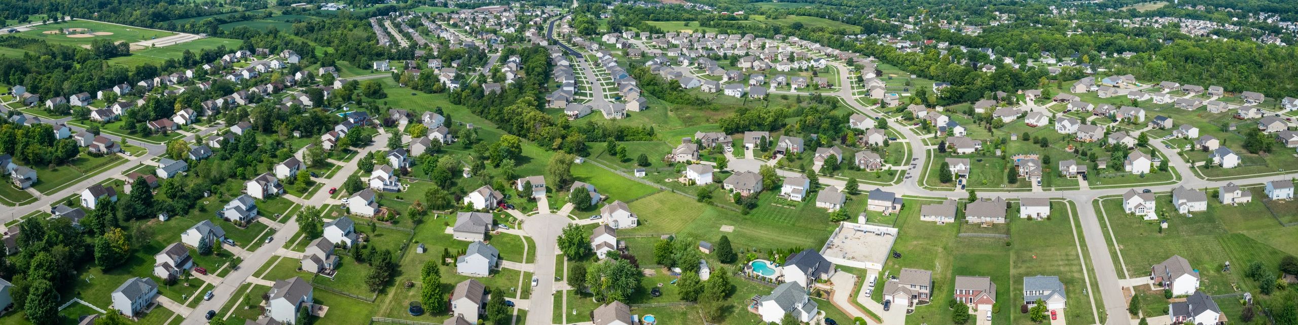 Aerial view of a suburban neighborhood